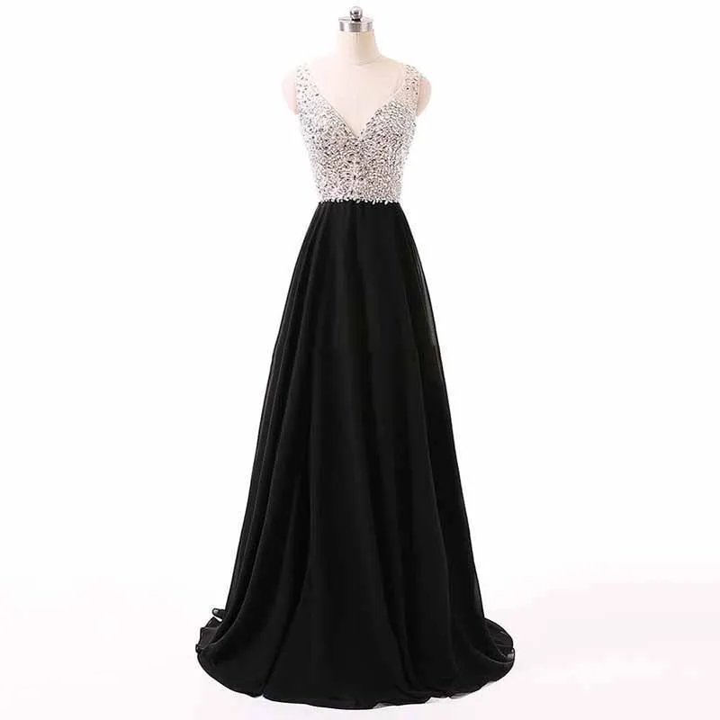 Black Prom Dress Long Beaded Formal Evening Gowns Sleeveless Wedding Dress