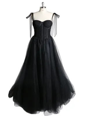 Black Simple Party Dress Spaghetti Straps Formal Tulle Gown Evening Dress