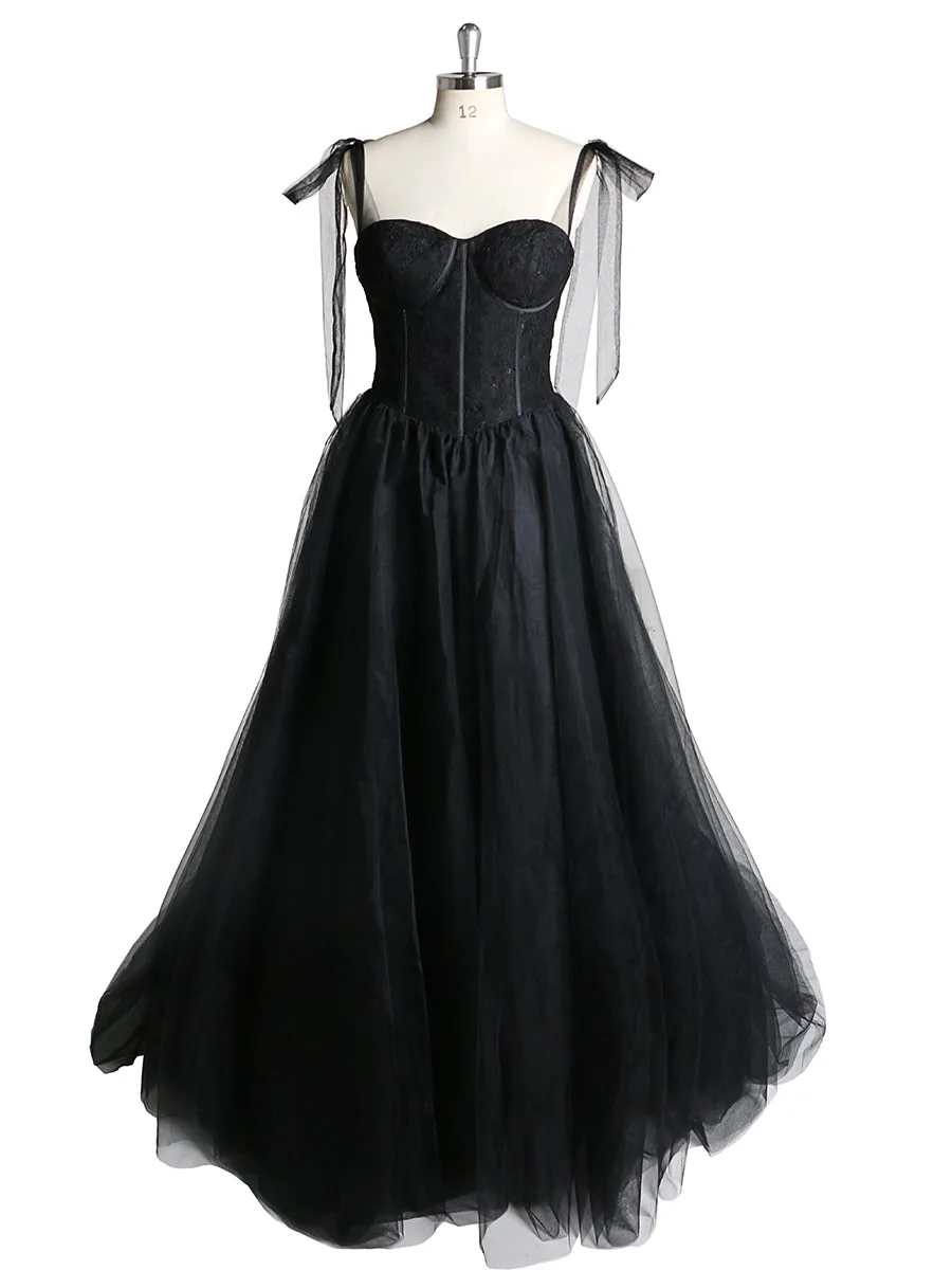 Black Simple Party Dress Spaghetti Straps Formal Tulle Gown Evening Dress