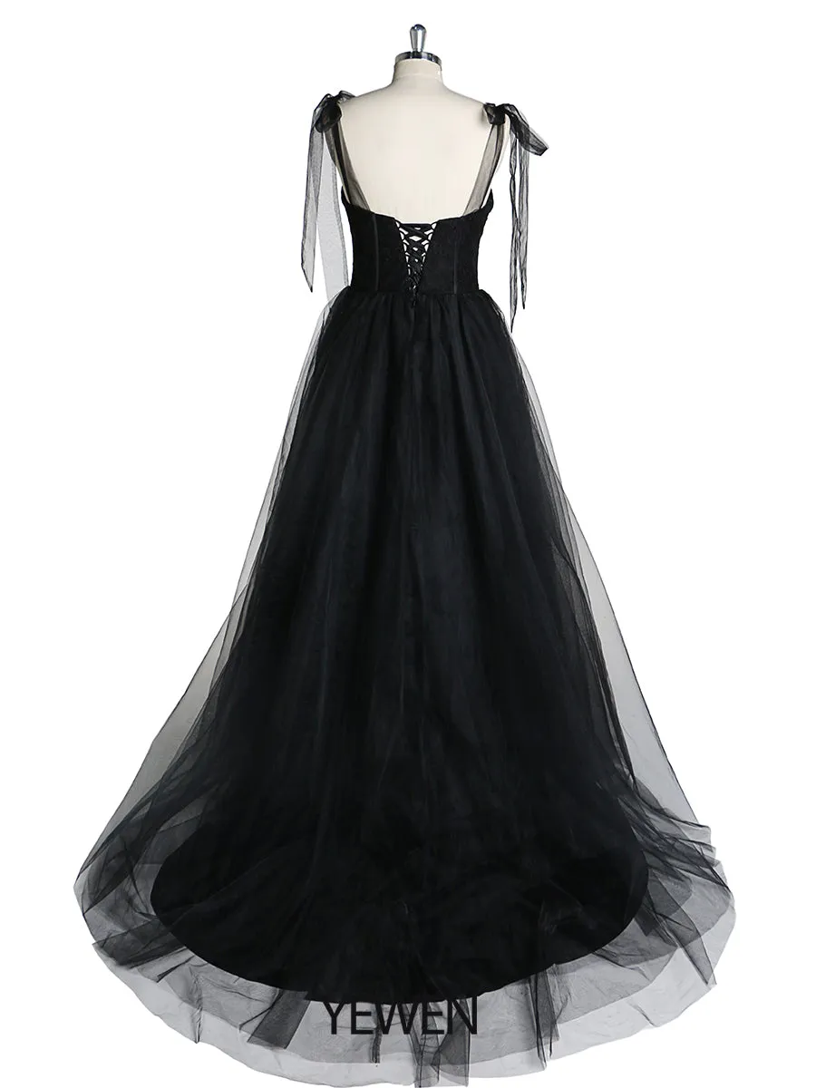 Black Simple Party Dress Spaghetti Straps Formal Tulle Gown Evening Dress