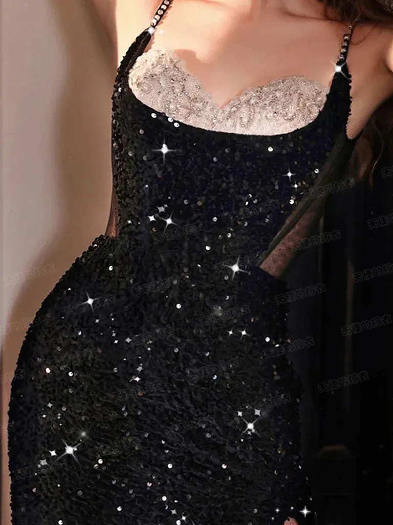 Black Spaghetti Strap Sequined Mesh Slit  Sexy Gown Party Dress With Gloves