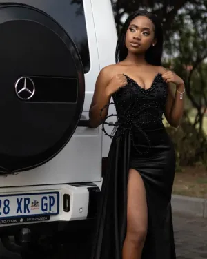 Black Strapless Pearls Prom Party Dress Formal Evening Dress    fg7522