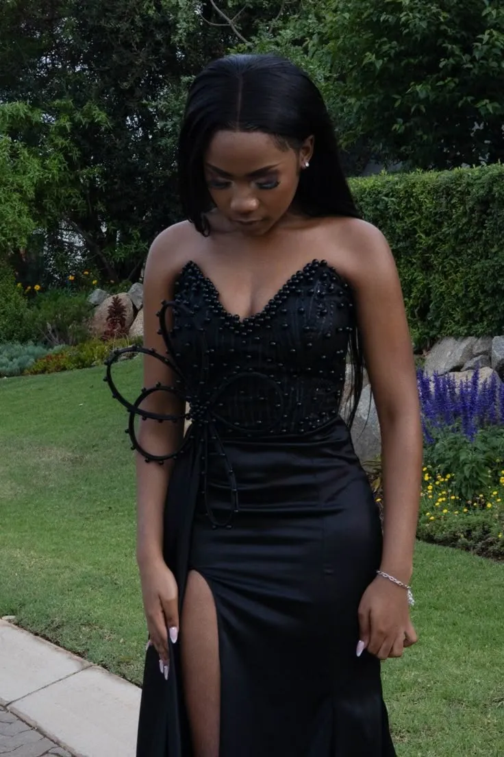 Black Strapless Pearls Prom Party Dress Formal Evening Dress    fg7522