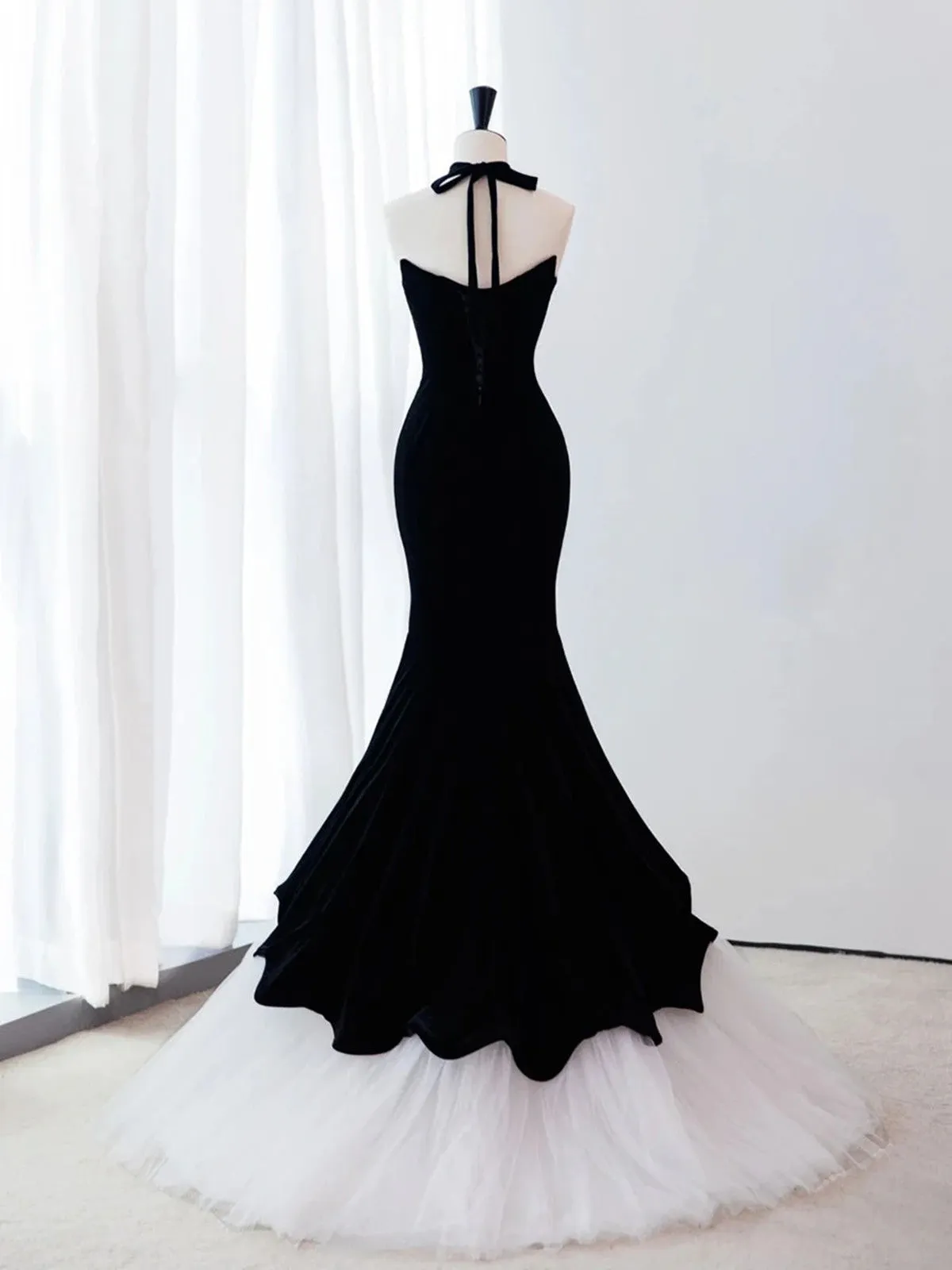 Black Velvet and White Tulle Mermaid Strapless Party Dress, Black Formal Dress Evening Dress