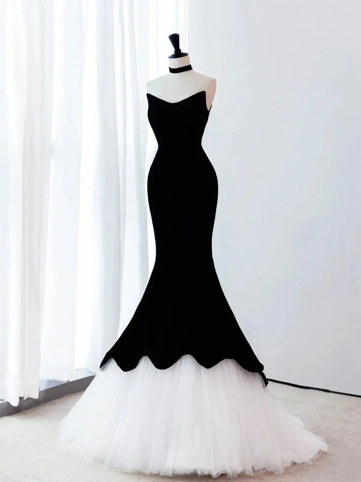 Black Velvet and White Tulle Mermaid Strapless Party Dress, Black Formal Dress Evening Dress
