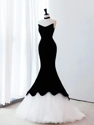 Black Velvet and White Tulle Mermaid Strapless Party Dress, Black Formal Dress Evening Dress