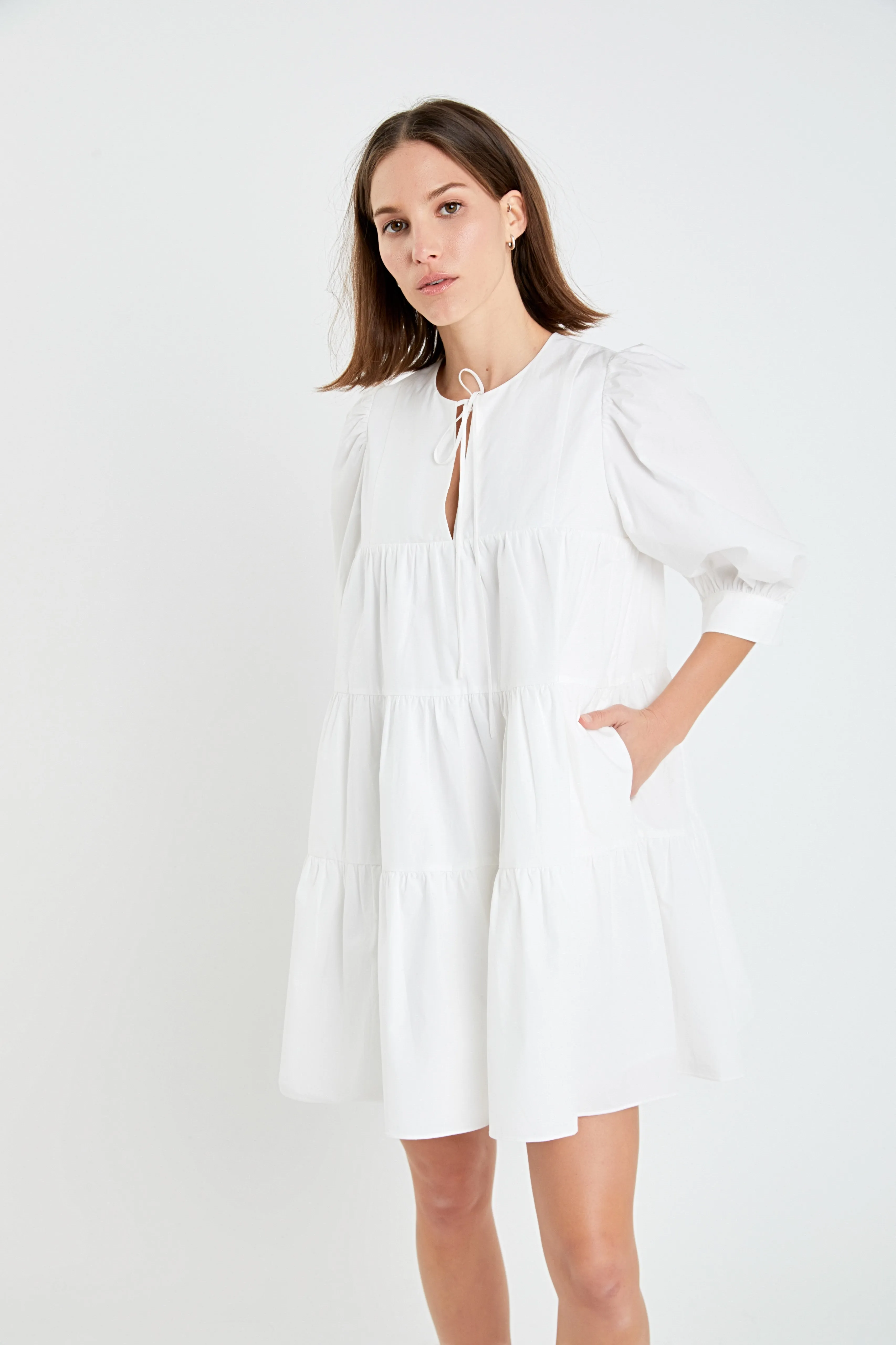 Blouson Sleeve Poplin Mini Dress {White}