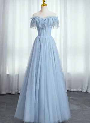 Blue Lace Sweetheart Beaded Off Shoulder Prom Dress, A-Line Blue Evening Dress      fg4447