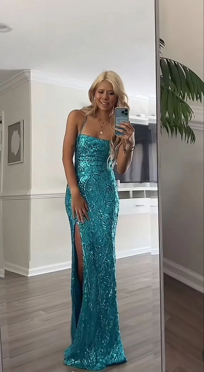 Blue Mermaid Spaghetti Straps Sexy Side-slit Prom Dress Sparkly blue prom dress    fg7179