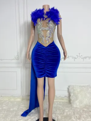 Blue Round Neck Sleeveless with Drape and Colorful Stones Mini Dress