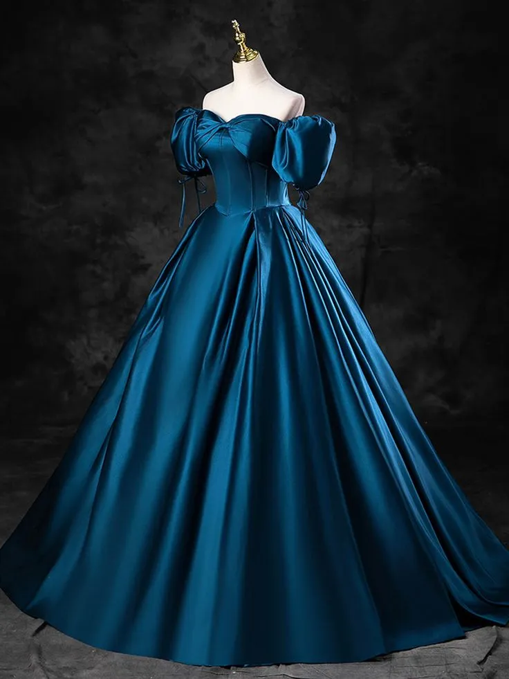 Blue Satin Off the Shoulder Floor Length Prom Dress, Blue A-Line Party Dress        fg6764