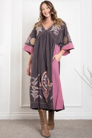 Blue Velvet V-Neck Mid Sleeve Maxi Dress
