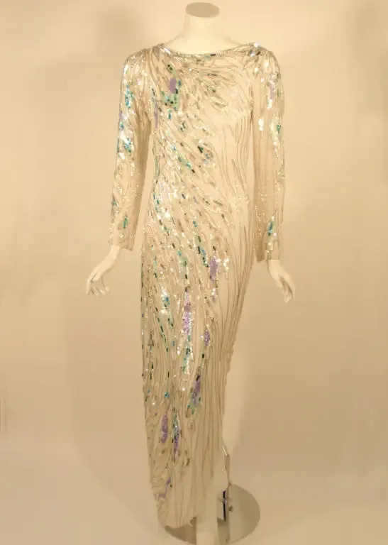 Bob Mackie White Long Sleeve Gown, with waves of Purple and Blue Beads & Sequins