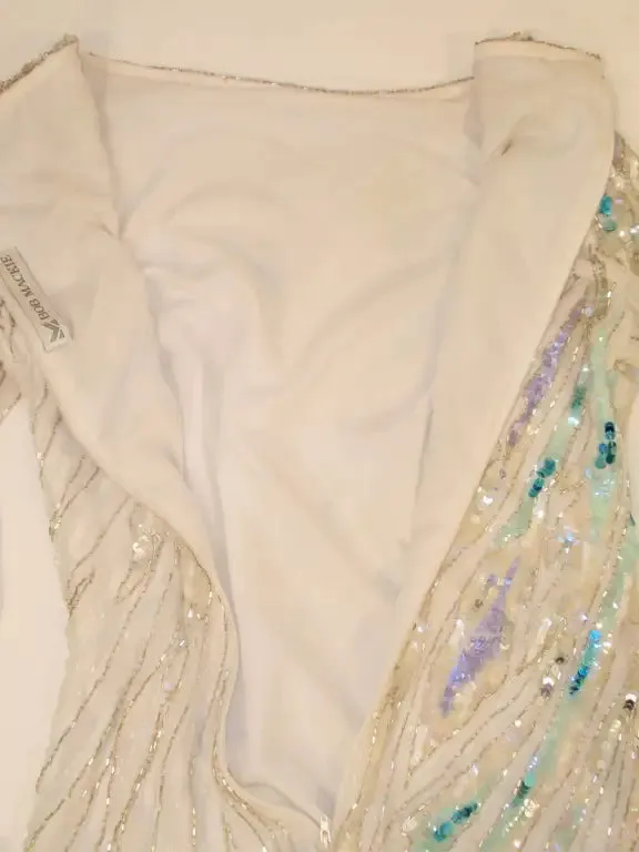 Bob Mackie White Long Sleeve Gown, with waves of Purple and Blue Beads & Sequins