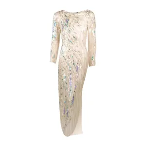 Bob Mackie White Long Sleeve Gown, with waves of Purple and Blue Beads & Sequins
