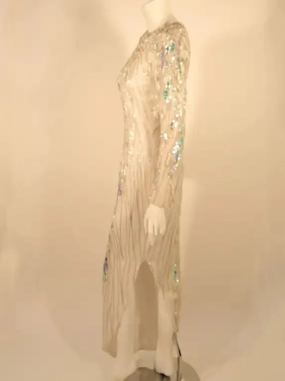 Bob Mackie White Long Sleeve Gown, with waves of Purple and Blue Beads & Sequins