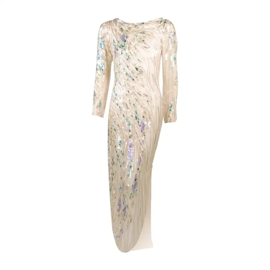 Bob Mackie White Long Sleeve Gown, with waves of Purple and Blue Beads & Sequins