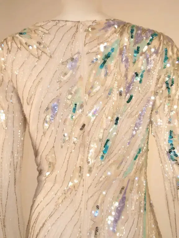 Bob Mackie White Long Sleeve Gown, with waves of Purple and Blue Beads & Sequins