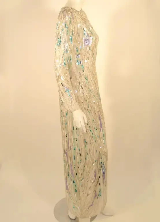 Bob Mackie White Long Sleeve Gown, with waves of Purple and Blue Beads & Sequins
