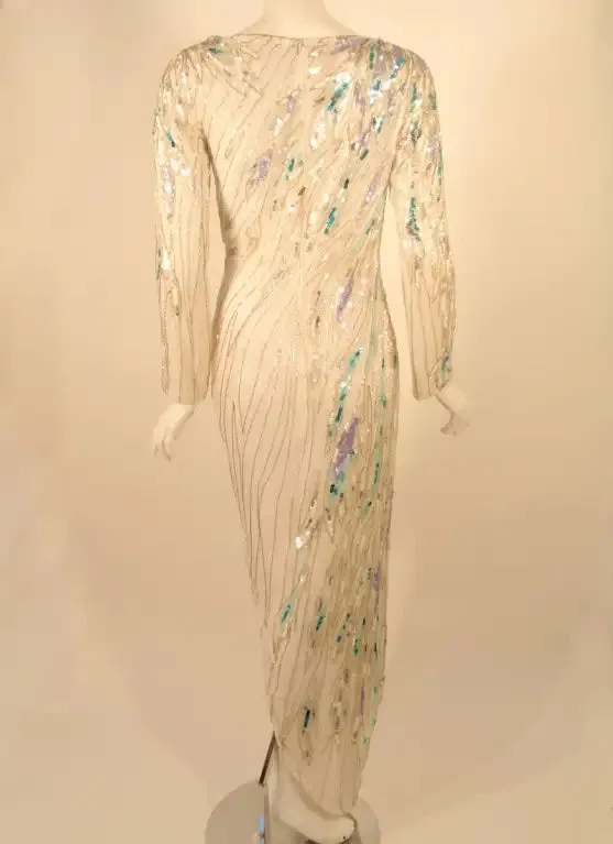 Bob Mackie White Long Sleeve Gown, with waves of Purple and Blue Beads & Sequins