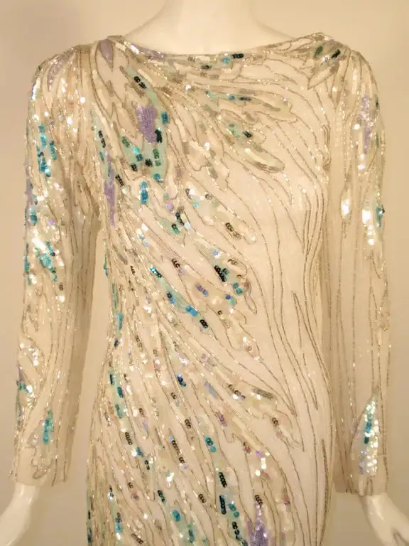 Bob Mackie White Long Sleeve Gown, with waves of Purple and Blue Beads & Sequins
