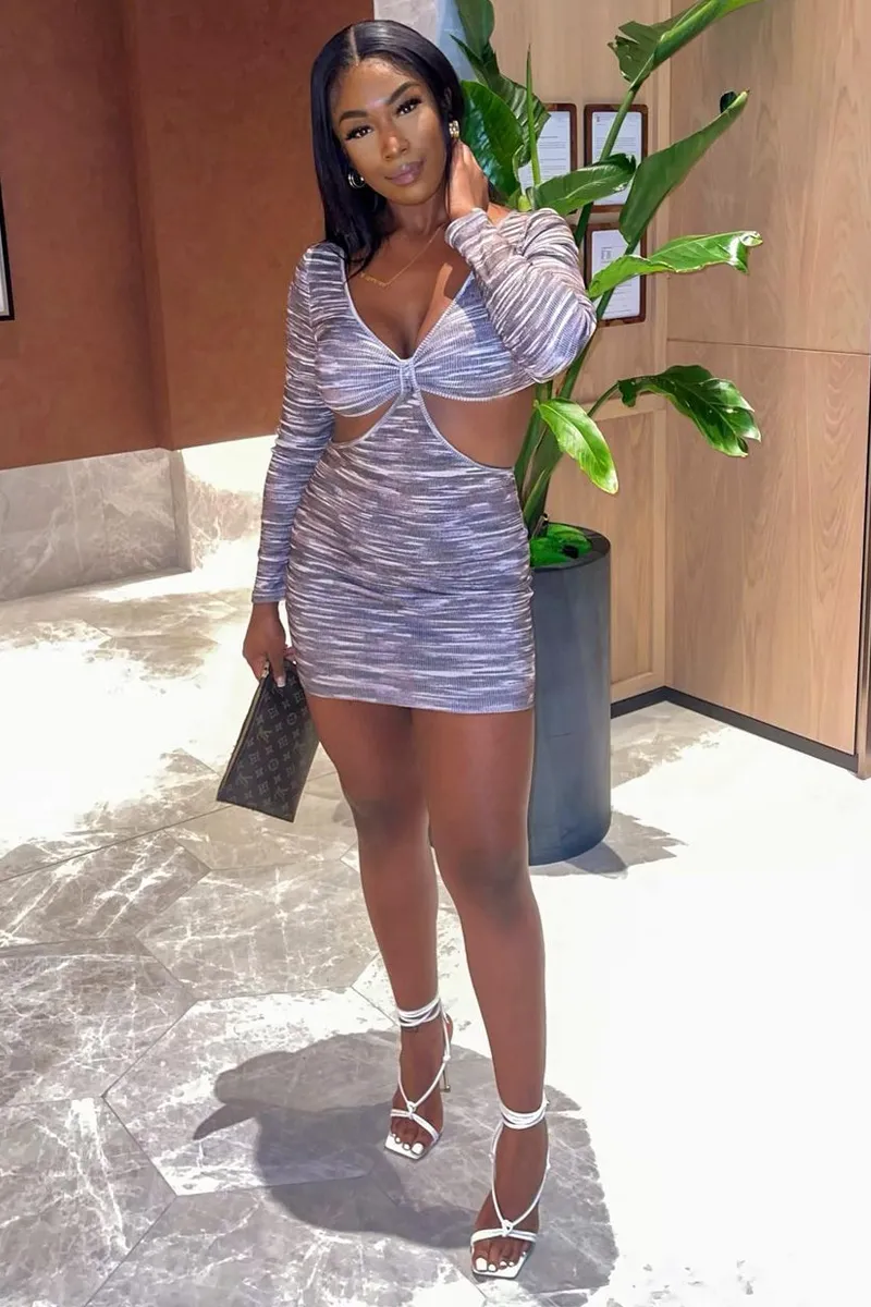 Brown Printed Cut Out Ribbed Mini Dress - Larra