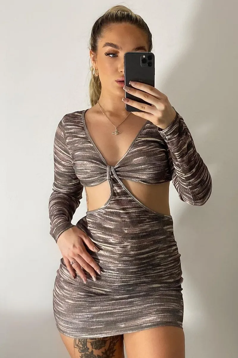 Brown Printed Cut Out Ribbed Mini Dress - Larra