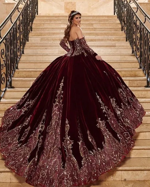 Burgendy Ball Gown Quinceanera Dresses Bridal Gowns Sweetheart Long Sleeve Sweet 16 Dress vestidos