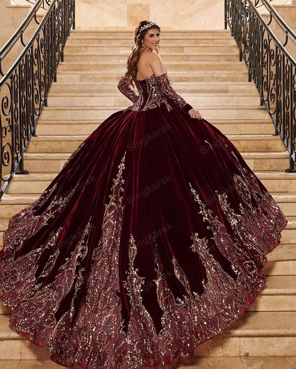 Burgendy Ball Gown Quinceanera Dresses Bridal Gowns Sweetheart Long Sleeve Sweet 16 Dress vestidos