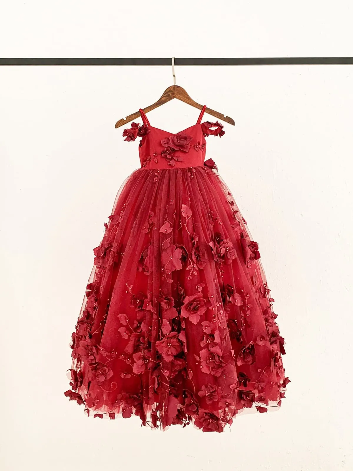 Burgundy 3D Beaded Lace Flower Tulle Off Shoulder Wedding Flower Girl Dress