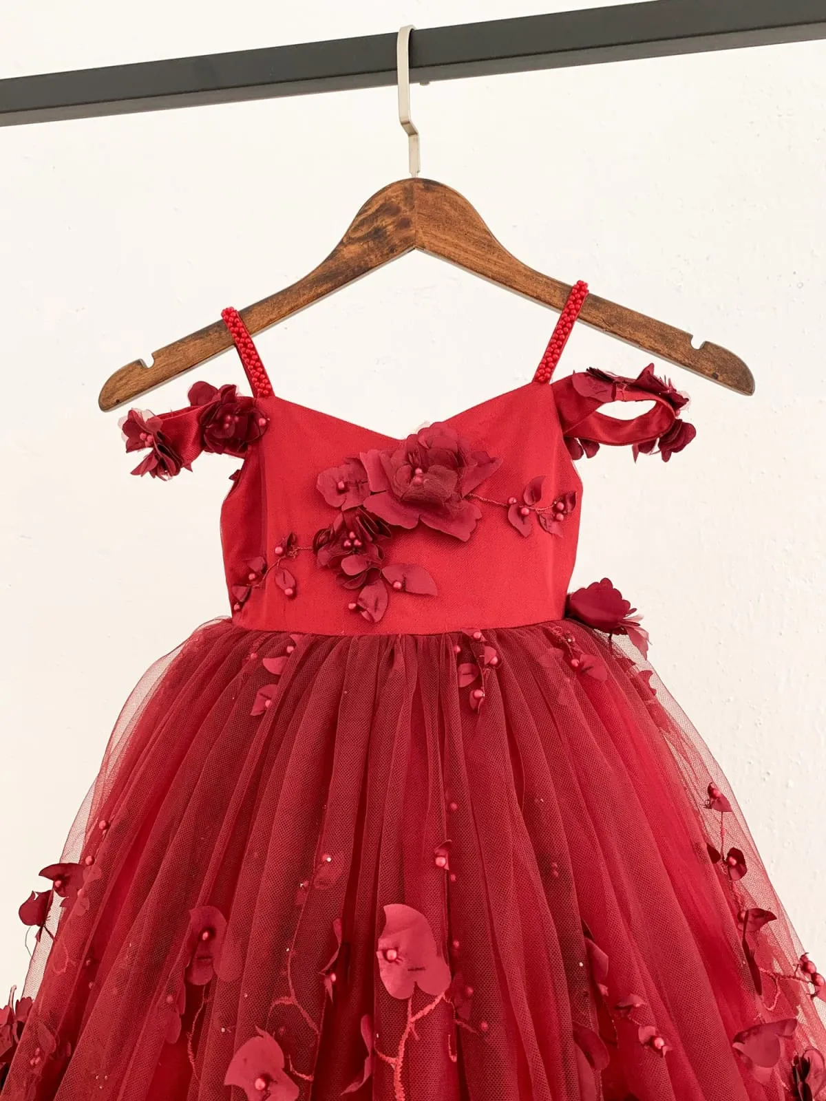 Burgundy 3D Beaded Lace Flower Tulle Off Shoulder Wedding Flower Girl Dress