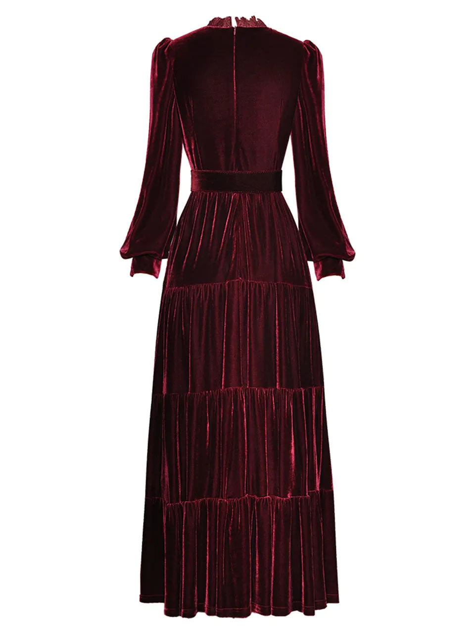 Burgundy Lace Ruffles Lantern Sleeves Edwardian Revival Velvet Dress