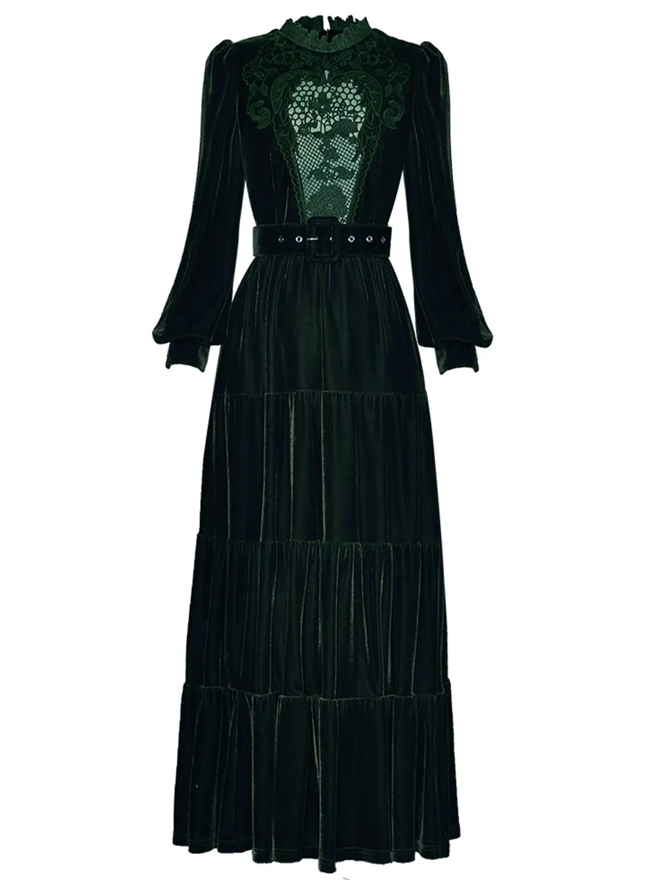 Burgundy Lace Ruffles Lantern Sleeves Edwardian Revival Velvet Dress