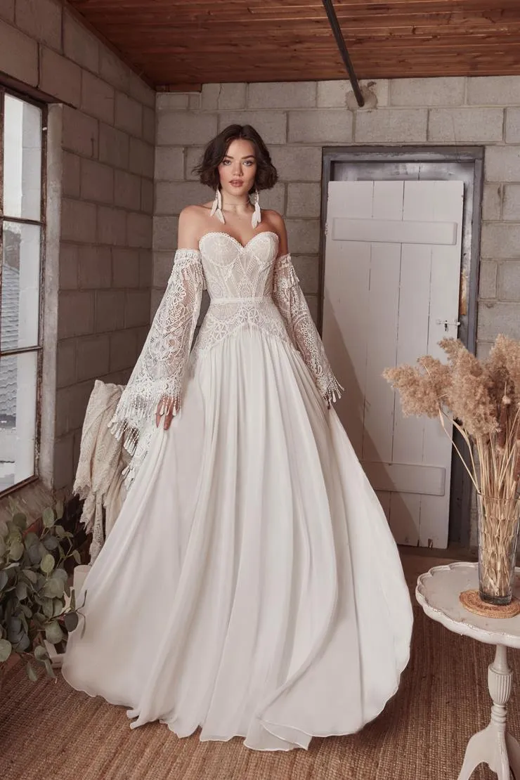 BYG-36 Strapless, detachable sleeves, lace appliqués ,A-line dress