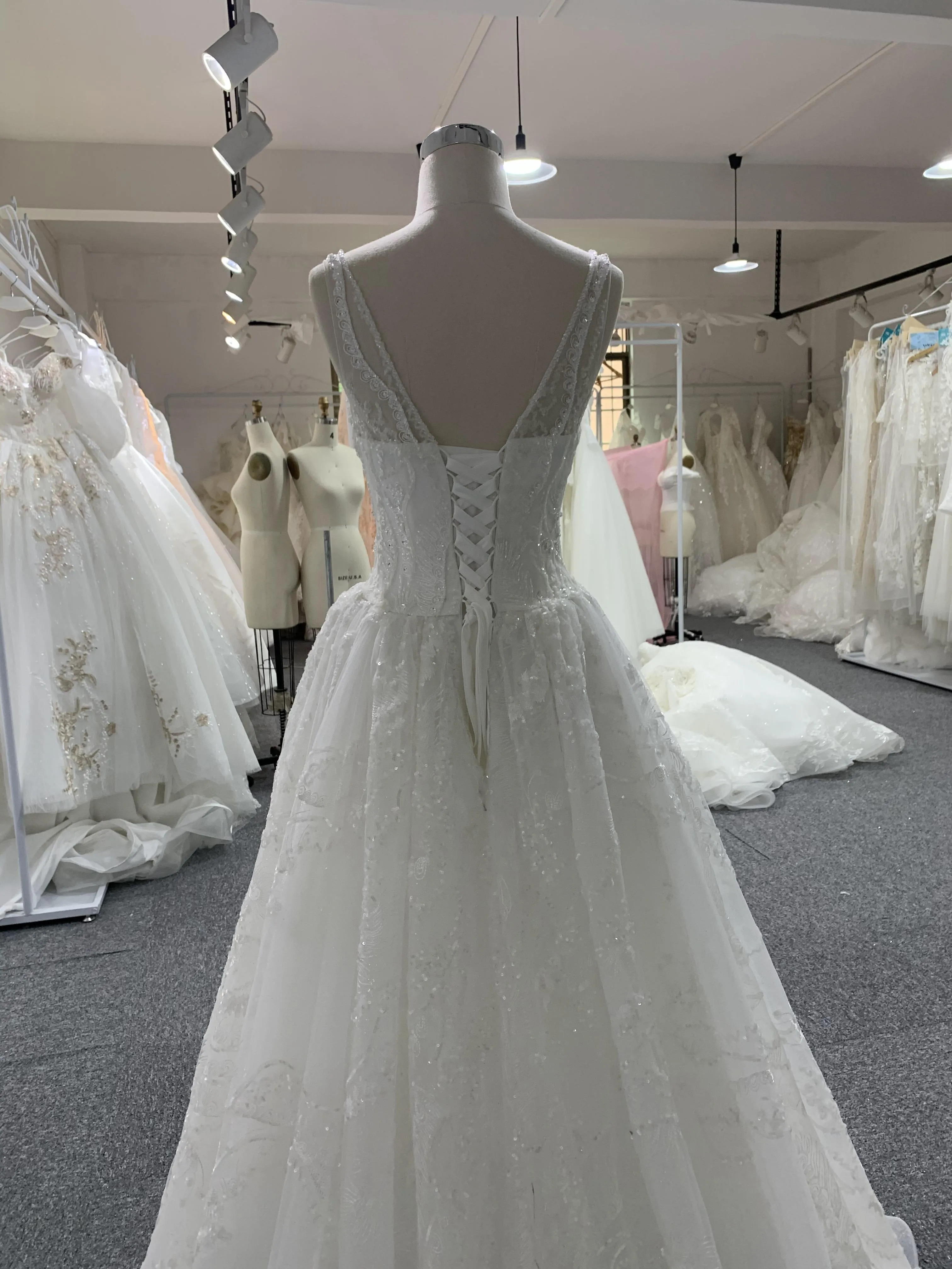 BYG beads deep V neck lace up A line wedding dress