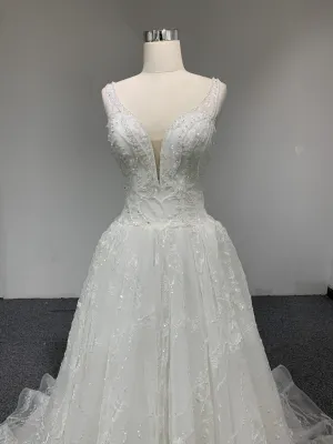 BYG beads deep V neck lace up A line wedding dress