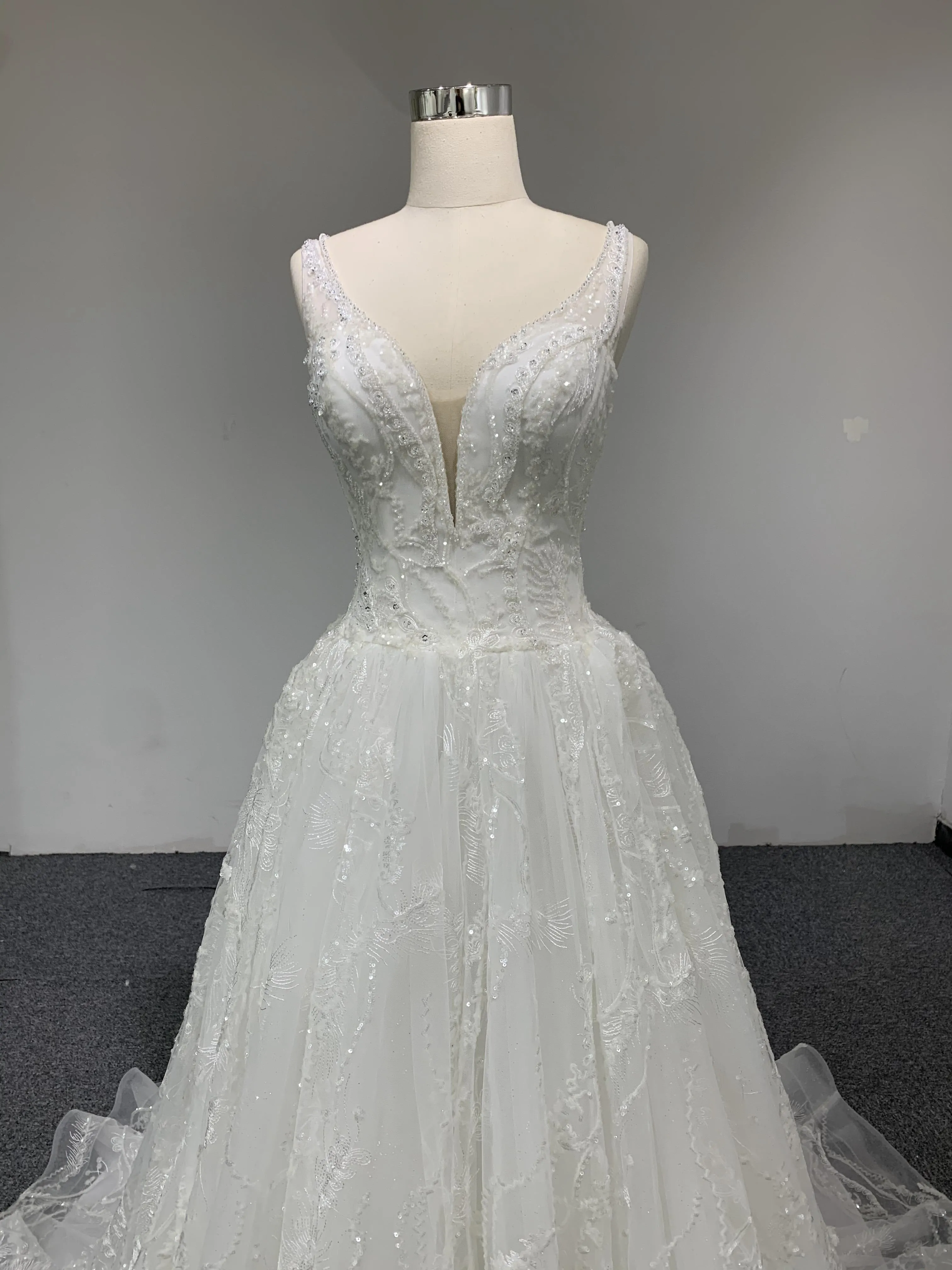 BYG beads deep V neck lace up A line wedding dress