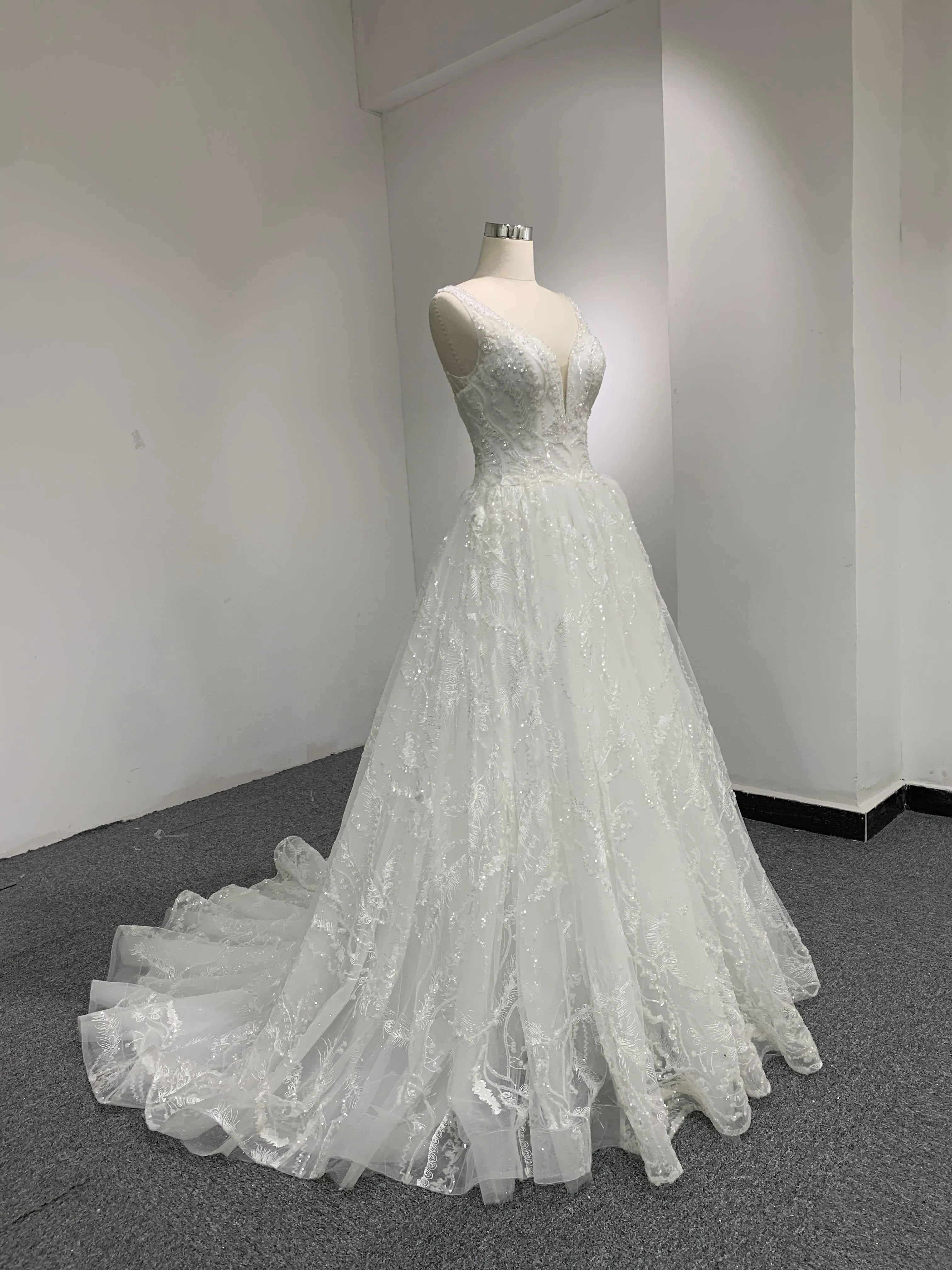 BYG beads deep V neck lace up A line wedding dress