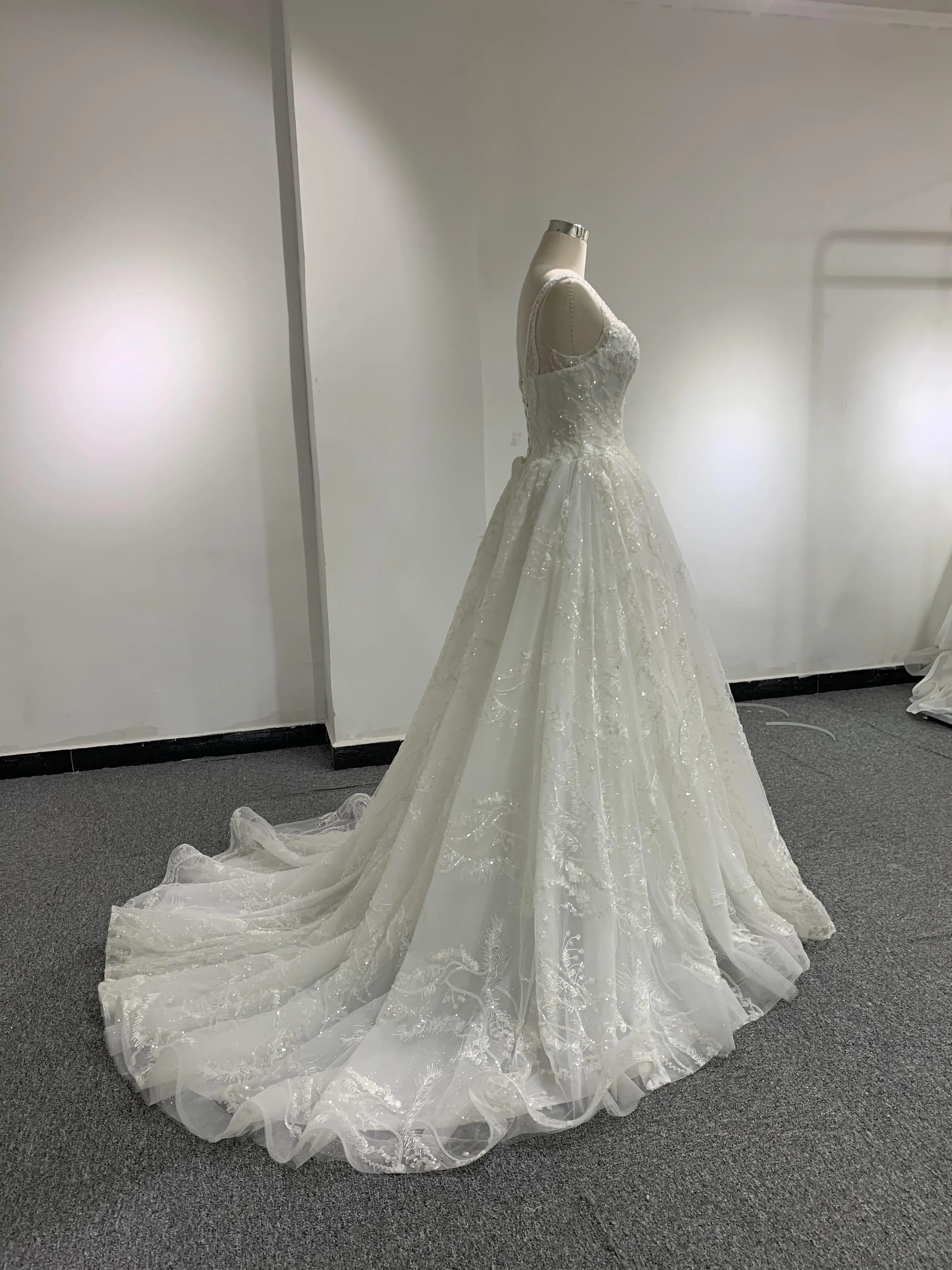 BYG beads deep V neck lace up A line wedding dress