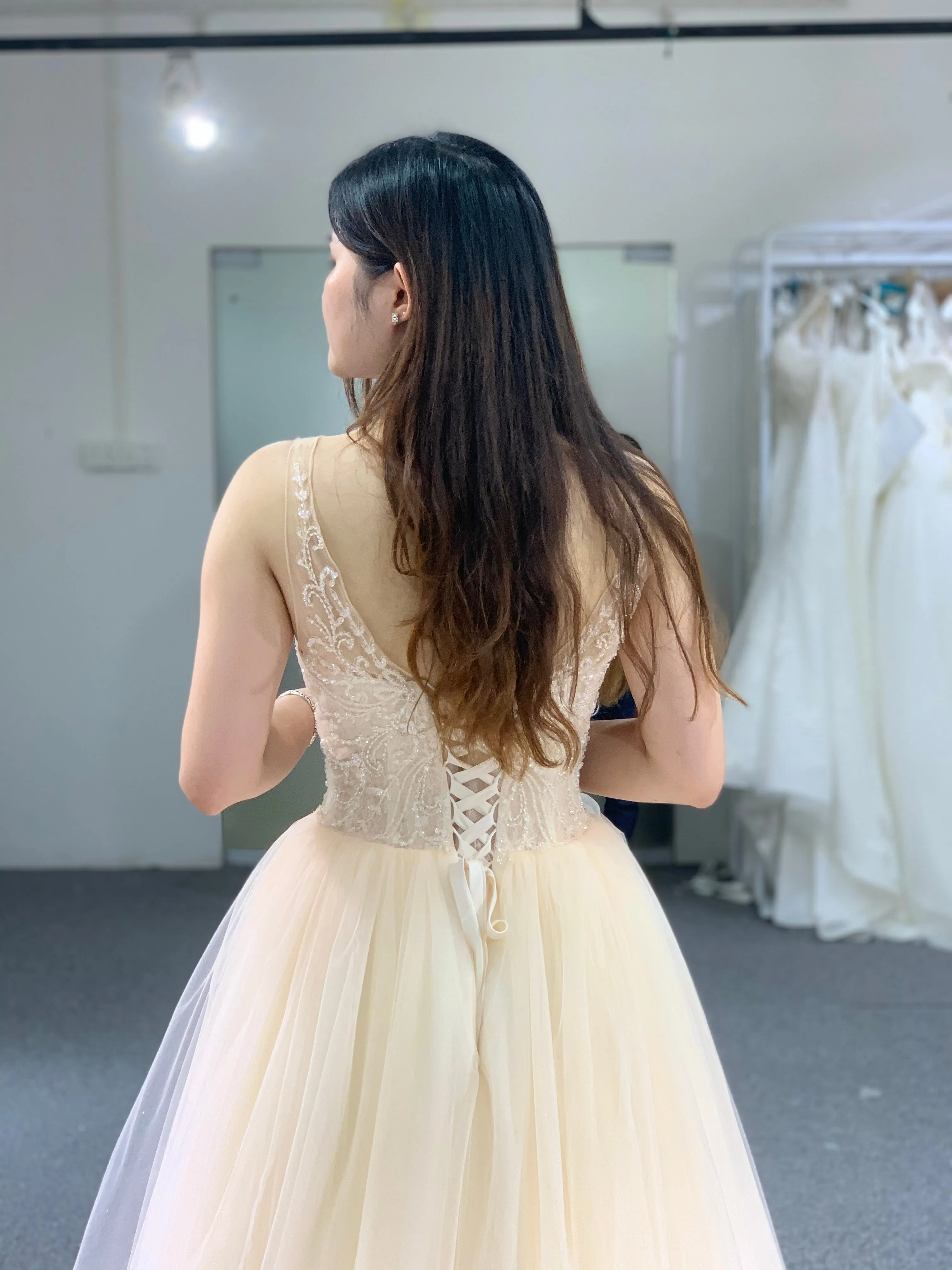 BYG spaghetti strap A line wedding dress