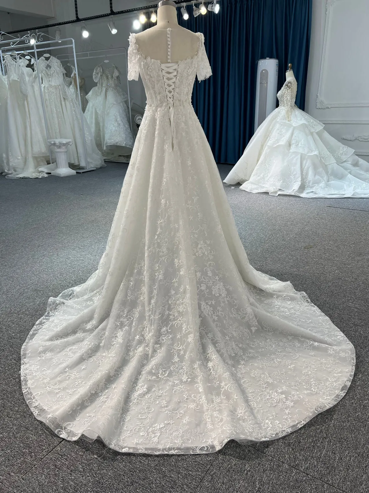 BYG#Y2325 Short-sleeved 3D lace flowers, luxurious beading, A-line