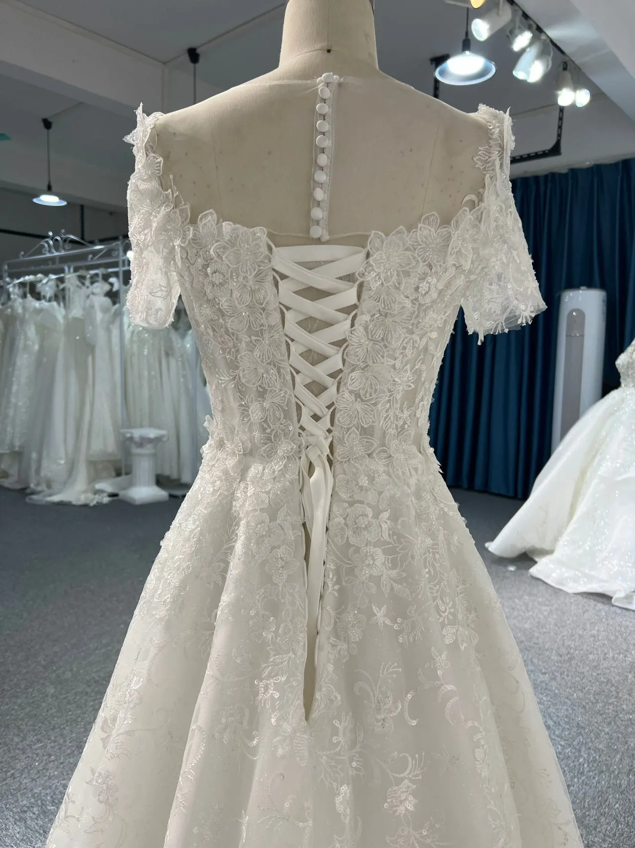 BYG#Y2325 Short-sleeved 3D lace flowers, luxurious beading, A-line
