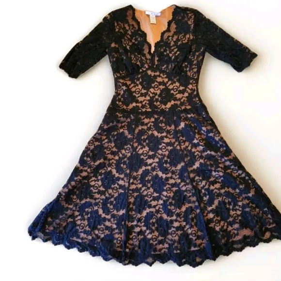 CAbi Lace Illusion Cocktail Dress Size  Small Colors Black and Nude