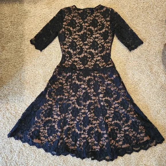 CAbi Lace Illusion Cocktail Dress Size  Small Colors Black and Nude