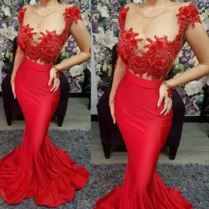 cap sleeve red evening dresses long 2020 satin lace appliqué 3d flowers beaded elegant mermaid evening gown