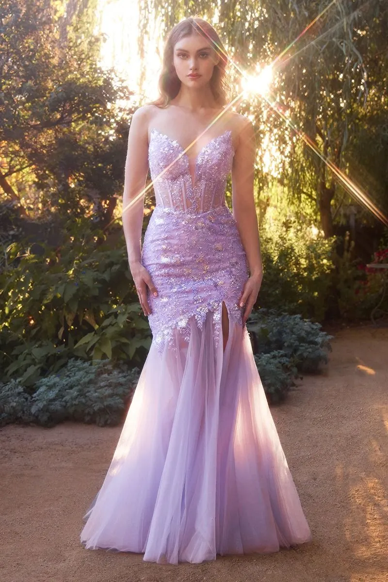 CD A1388 - Strapless Sequined 3D Floral Mermaid Prom Gown with Sheer Bodice Shimmer Tulle Skirt Leg Slit & Lace Up Back