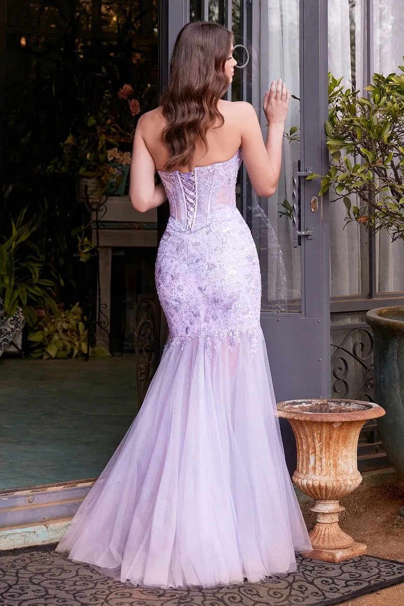 CD A1388 - Strapless Sequined 3D Floral Mermaid Prom Gown with Sheer Bodice Shimmer Tulle Skirt Leg Slit & Lace Up Back