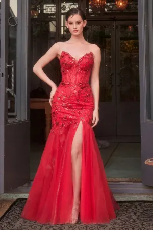 CD A1388 - Strapless Sequined 3D Floral Mermaid Prom Gown with Sheer Bodice Shimmer Tulle Skirt Leg Slit & Lace Up Back