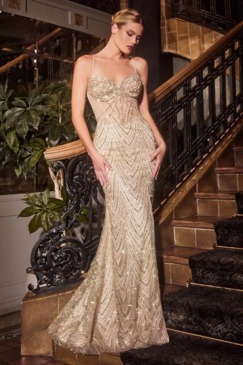 CD C163 - Full Sequin Patterned Fit & Flare Prom Gown with Sheer Beaded Bodice Leg Slit  & Open Lace Up Back