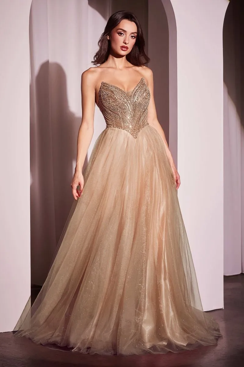 CD CC415 - Strapless Tulle A-Line Prom Gown with Beaded Bodice & Open Lace-up Back